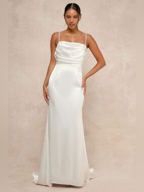NWT Lulus Lovely Endearment White Satin Backless Maxi Gown - Size M